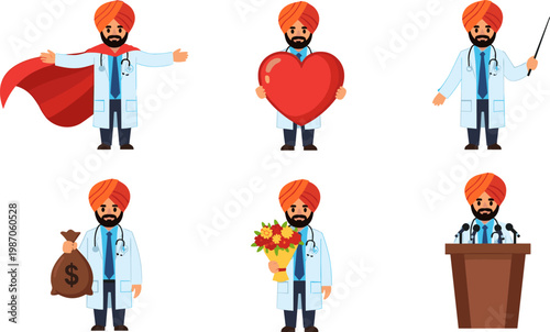 Punjabi Doctor Character Set with Turban Showing Superhero Pose, Holding Heart, Money Bag, Flowers, and Presentation at Podium Vector Illustration