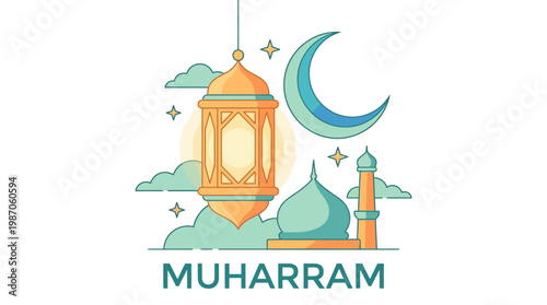 Islamic New Year lantern moon mosque and stars in soft pastel colors