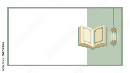Open Book and Hanging Lantern with Copy Space, Minimalist Design, Islamic Theme
