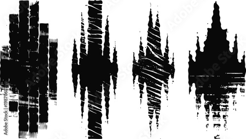 set of grunge black soundwave or audio waveform line art icons with distressed texture and glitch effect
