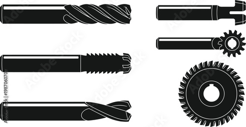 Industrial CNC Milling Cutters and Machining Tool Icon Set