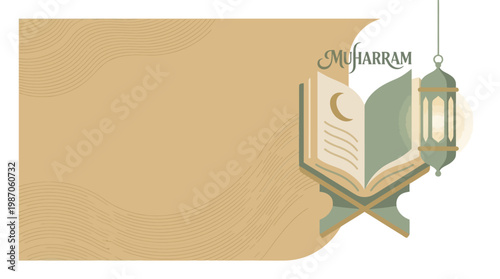 Open Quran on a stand with crescent moon and Islamic lantern, flowing lines background, traditional design, muted tones.