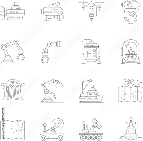 Set of Modern Minimalist Line Drawing Icons related to innovation, transport, and technology. Including of a variety of robots, vehicles, and devices, illustrating a futuristic vision.
