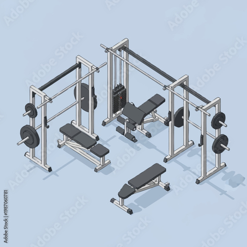 Isometric illustration of gym equipment setup.