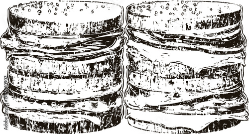 Two stacked cheeseburgers with sesame seed buns and melted cheese, hand drawn vintage
