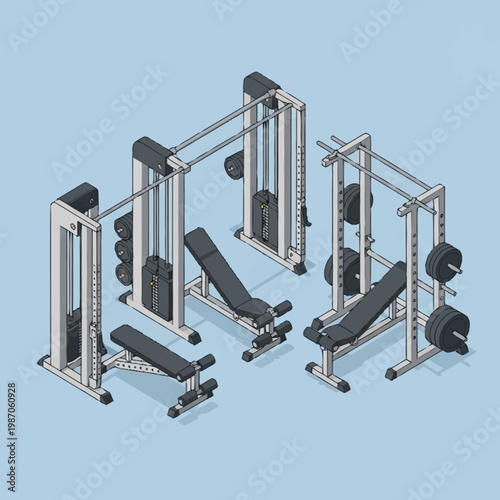 Isometric illustration of various gym equipment.