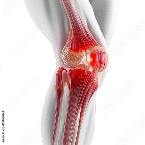 Human knee joint anatomy with red muscle fibers and bone structure on transparent white background.