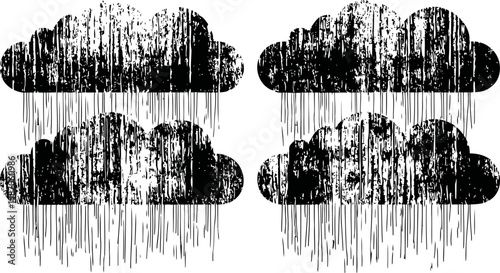 Set of four grunge rain clouds with vertical rain streaks, black rough textured weather symbols