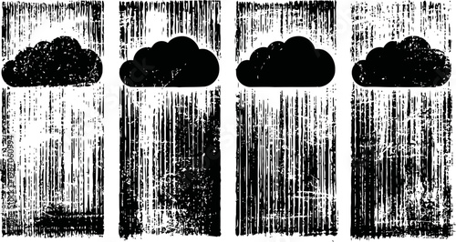 Black rain clouds with vertical distressed rain streaks in grunge style, set of four variations