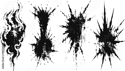 Abstract black grunge ink splatter shapes with rough paint brush stroke textures