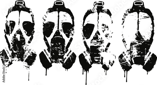 black and white grunge gas mask illustrations with paint splatter and distressed texture