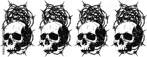 four identical skulls with barbed wire crowns on white background dark gothic horror design