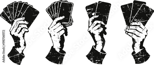 Four vintage illustrations of hand holding playing cards in diverse poses and angles