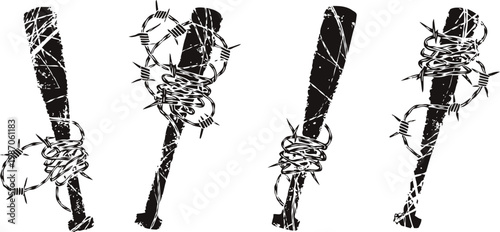 baseball bats wrapped in barbed wire set grunge weapon collection, outlaw style, danger and aggression symbol