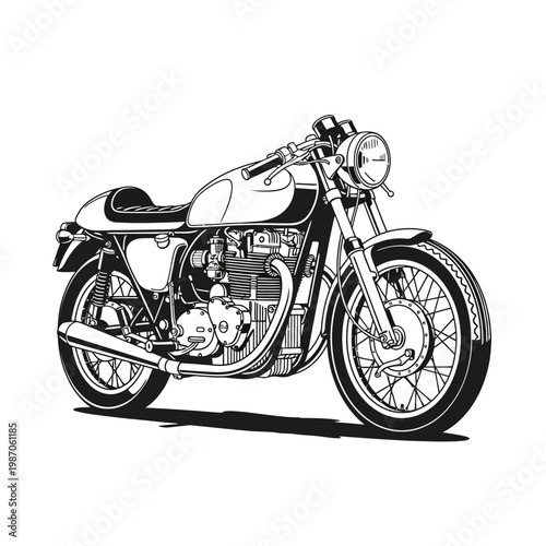 Vintage Cafe Racer Motorcycle Illustration, Classic Sportbike Line Art