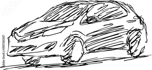 Compact car sketch in dynamic perspective with aerodynamic design and modern styling