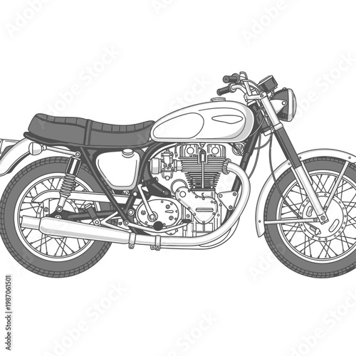 Classic Motorcycle Side View Illustration, Vintage Cafe Racer Style, Clean Line Art