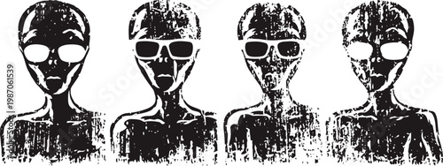 Grunge black and white alien silhouettes set with sunglasses and abstract texture