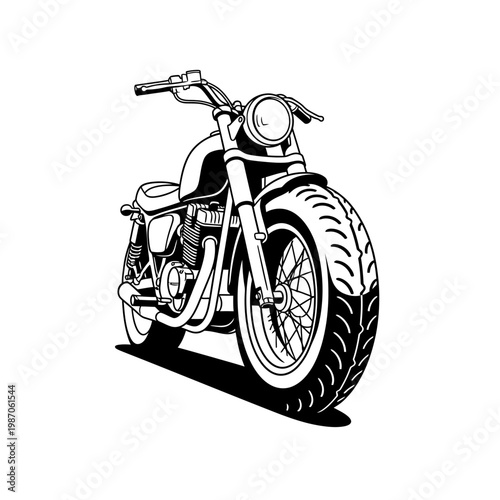 Classic Cafe Racer Motorcycle Front View Black and White Line Art