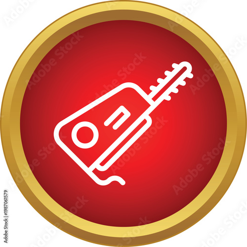 Hedge trimmer outline vector icon on a red and gold button representing gardening tool