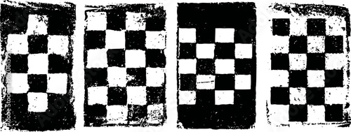 Set of four vintage checkerboards with worn black and white squares arranged in a 3x4 grid
