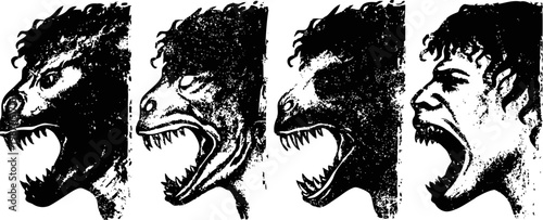 Sequential transformation from monstrous animal to human face, ink sketch of evolving creature heads