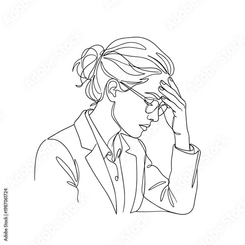 Businesswoman under stress. Continuous line art illustration. Minimalist vector graphic isolated on white background