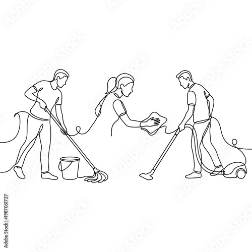 Cleaning team cooperation. Continuous line art illustration. Housekeeping and service concept vector