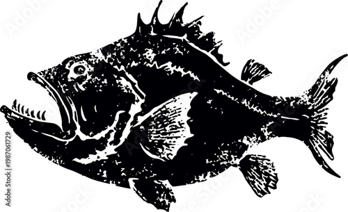 Deep sea fish illustration with sharp teeth and spiky fins, black and white vintage