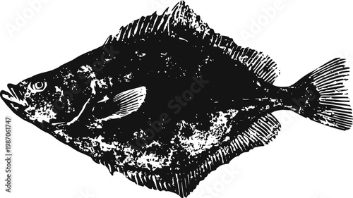 Vintage black and white illustration of a flatfish with detailed scales and fins