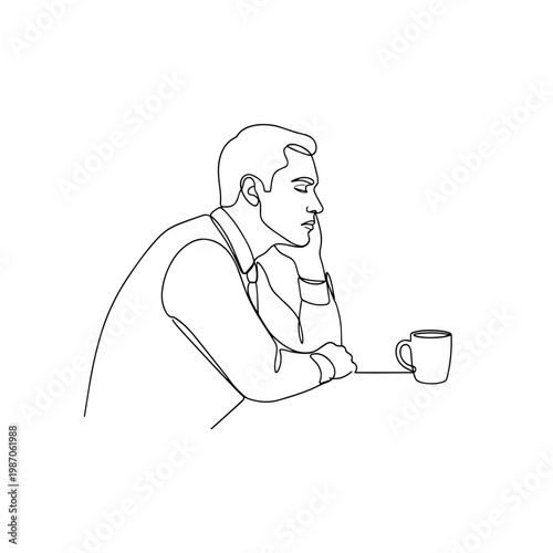 Bored office worker sitting with coffee. Continuous line art illustration of a tired employee. Minimalist vector graphic