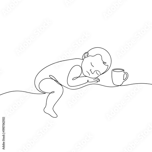 Baby sleeping next to coffee cup. Continuous line art illustration of parenthood. Minimalist vector graphic