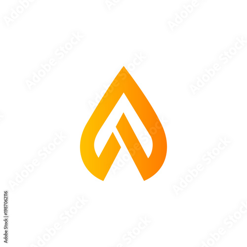 A stylized orange flame logo rises upwards on a white background