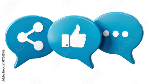 Blue speech bubbles with share like and chat icons, isolated on transparent background