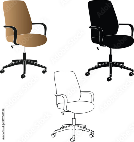 Adjustable brown spinning office chair with wheels and armrest front view vector illustration. Office chair silhouette.