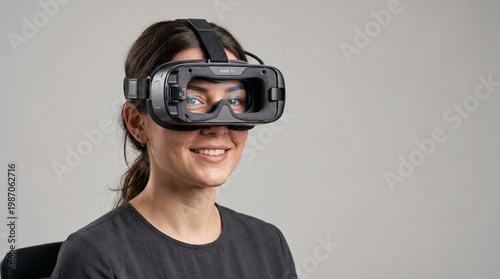 Ultra-realistic portrait of a person wearing a virtual reality headset isolated on neutral background, soft studio lighting, clean composition with copy space, sharp focus