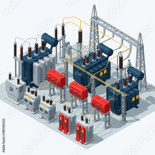 Isometric illustration of electrical power substation equipment and infrastructure.