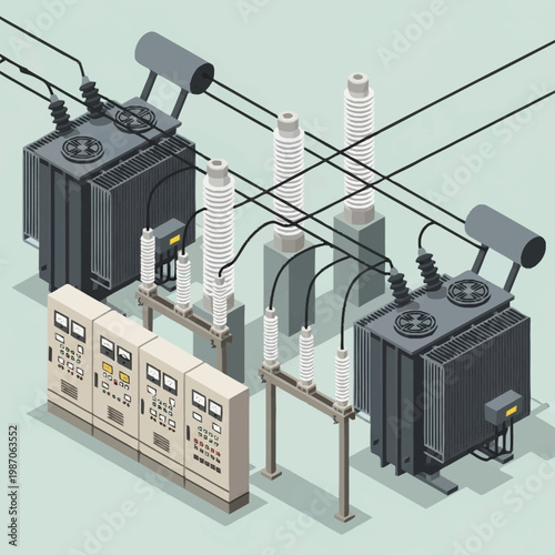 Isometric illustration of electrical substation equipment.