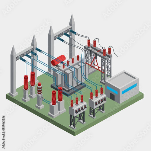 Isometric illustration of electrical substation infrastructure.