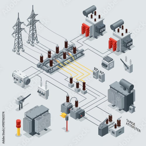 Isometric illustration of electrical power distribution system.