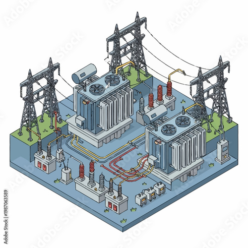 Isometric illustration of electrical power substation infrastructure.