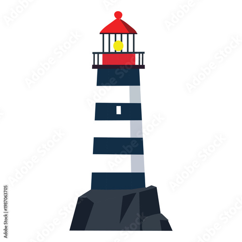Flat vector illustration of a blue and white striped lighthouse on a rocky base, nautical navigation beacon for coastal safety