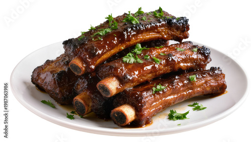 Cuadro en lienzo Barbecued pork ribs with parsley garnish, isolated on transparent background