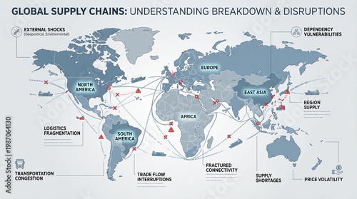 Global Supply Chain Breakdown Map Showing Trade Disruptions, Logistics Fragmentation and Economic Impact