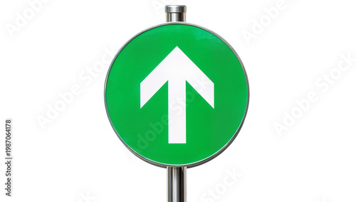 Green circular traffic sign with white upward arrow, isolated on transparent background