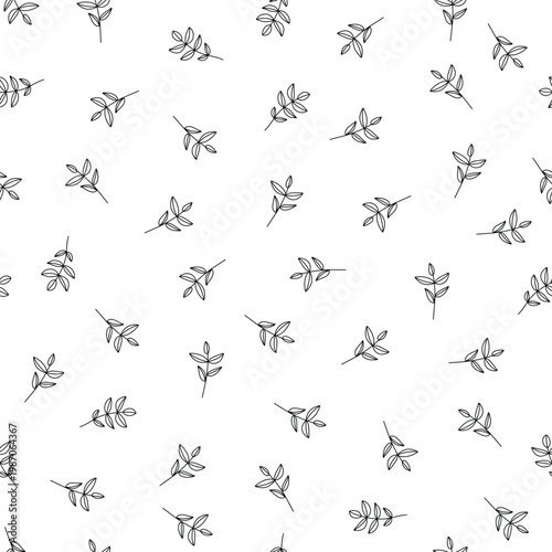 
Minimalist Black and White Seamless Leaf Sprig Pattern. Vector Illustration.
