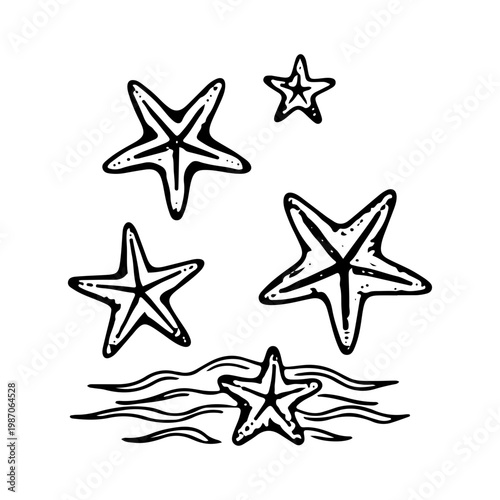 Hand drawn starfish illustration set with ocean waves