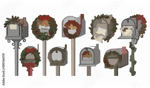 Festive Christmas mailbox vector collection decorated post boxes with ornaments and letters