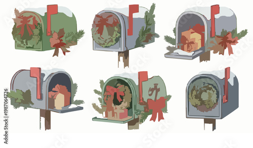 Christmas mailboxes watercolor vector set festive decorated post boxes with wreaths and snow