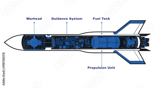 Modern guided missile with transparent cutaway showing internal components, technical illustration style